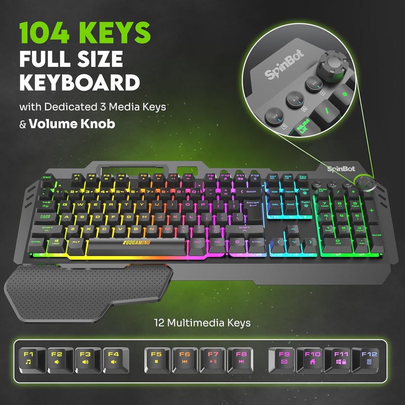 SpinBot Rage K20 LED Backlit|Metal Body|19 Anti-Ghosting Keys |Volume Control Knob| Wired USB Gaming Keyboard (Black) - Image 2