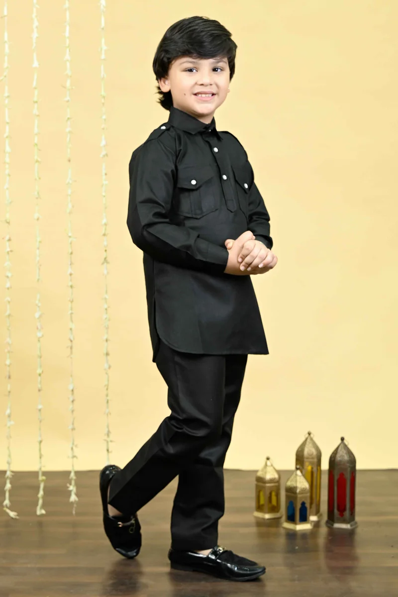 BT DEZINES  Boys Black Cotton Blend Kurta and Salwar Set  | Best Price UAE