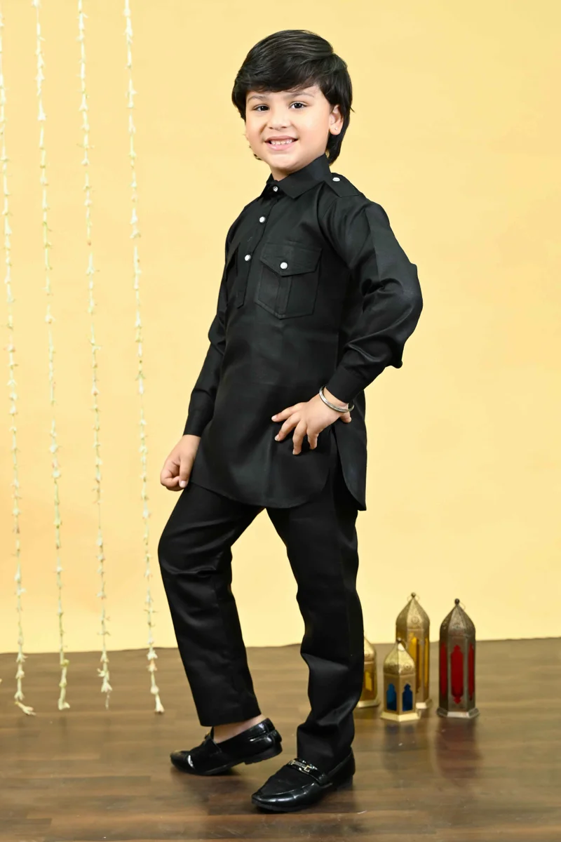 BT DEZINES  Boys Black Cotton Blend Kurta and Salwar Set  | Best Price UAE