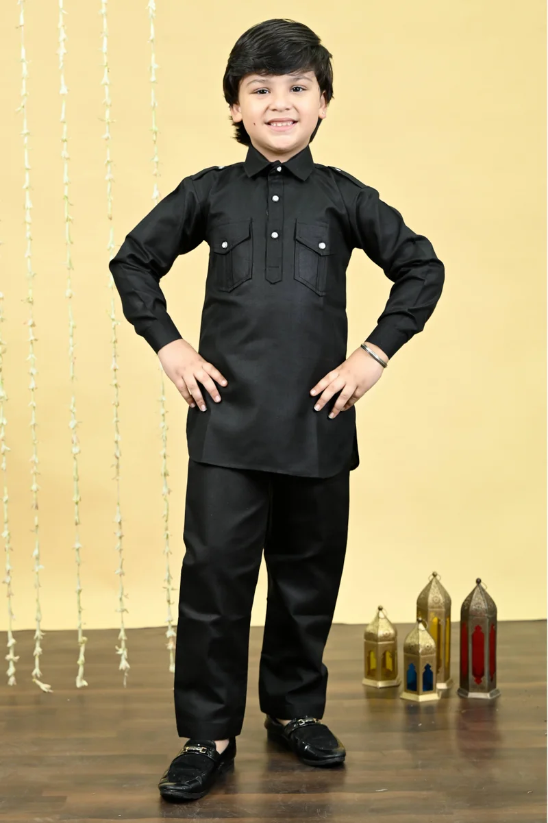 Boys Black Cotton Blend Kurta and Salwar Set