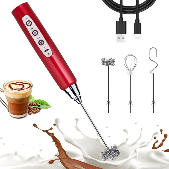 RED MILK FROTHER WAND FOR COFFEE RECHARGEABLE HANDHELD ELECTRIC WHISK WITH 3 HEADS 3 SPEEDS DRINK MIXER FOR LATTE CAPPUCCINO HOT CHOCOLATE