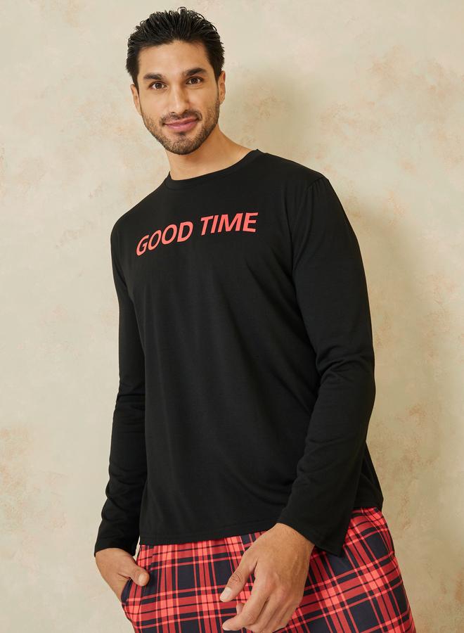 Styli Styli Slogan Print Long Sleeves T-shirt and Checked Pyjama Set  - Image 3