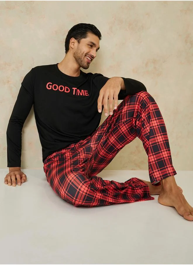 ستايلي Styli Slogan Print Long Sleeves T-shirt and Checked Pyjama Set
