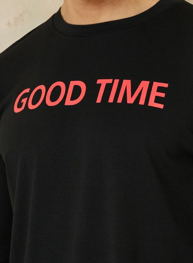 Styli Styli Slogan Print Long Sleeves T-shirt and Checked Pyjama Set