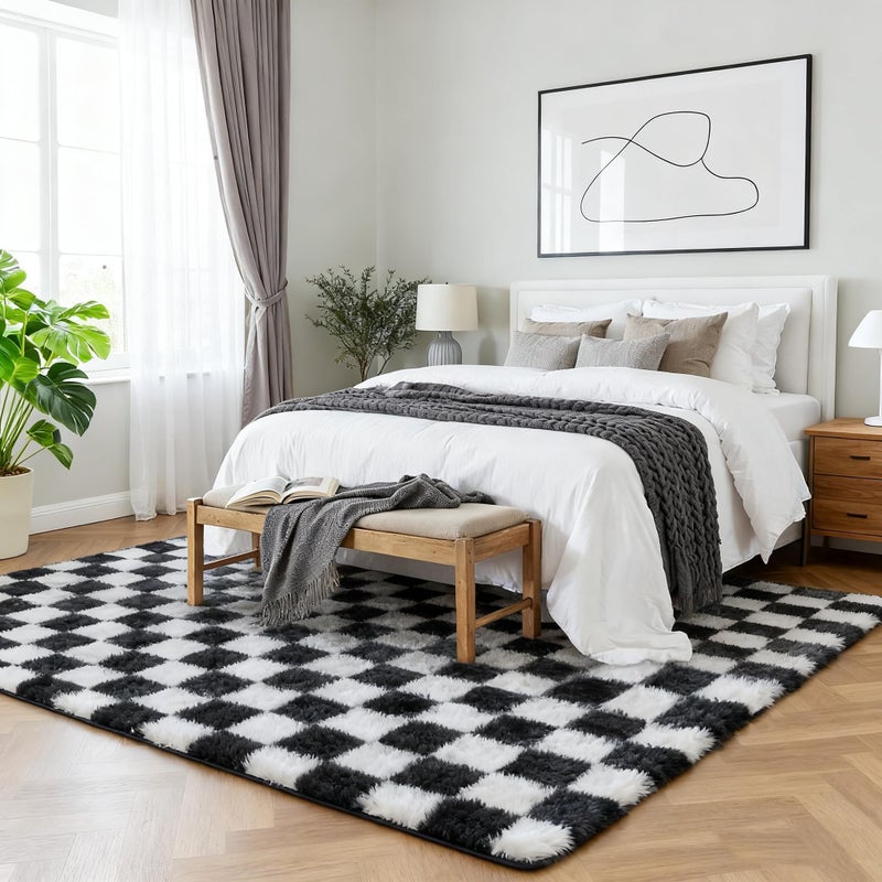 Andency 5x7 Ft Black and White Area Rug for Living Room Classic Checkered Shaggy Rug Non-Slip High Pile Soft Fluffy Rug Fuzzy Carpet Bedroom Kids Toddler Room Nursery Playroom Bedroom - Image 2