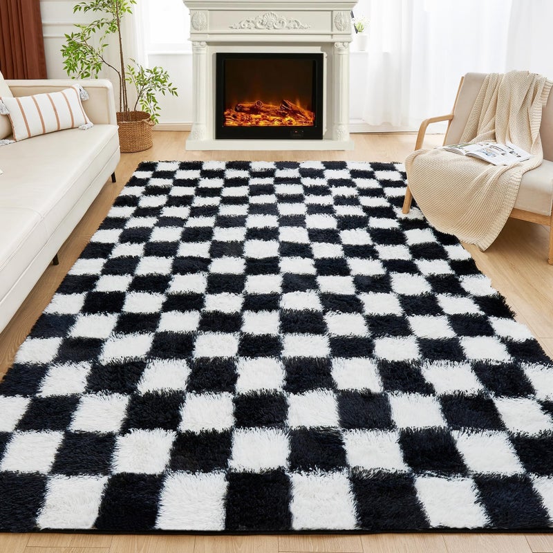 Andency 5x7 Ft Black and White Area Rug for Living Room Classic Checkered Shaggy Rug Non-Slip High Pile Soft Fluffy Rug Fuzzy Carpet Bedroom Kids Toddler Room Nursery Playroom Bedroom - Image 4