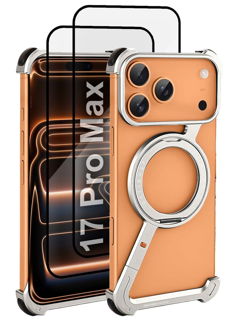 3Packs Minimalist Phone Cover for iPhone 17 Pro Max, 360° Rotation Kickstand Aluminum Metal Frameless Design Bumper Z Case, Protective Shock Grade Shell with Two 3D Screen Protectors - Silver - Image 1