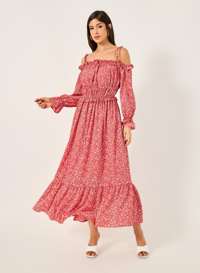 Styli Styli Ditsy Print Off Shoulder A-Line Midi Dress  - Image 1