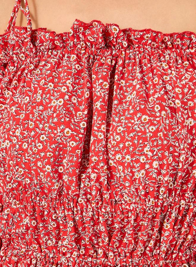 Styli Styli Ditsy Print Off Shoulder A-Line Midi Dress