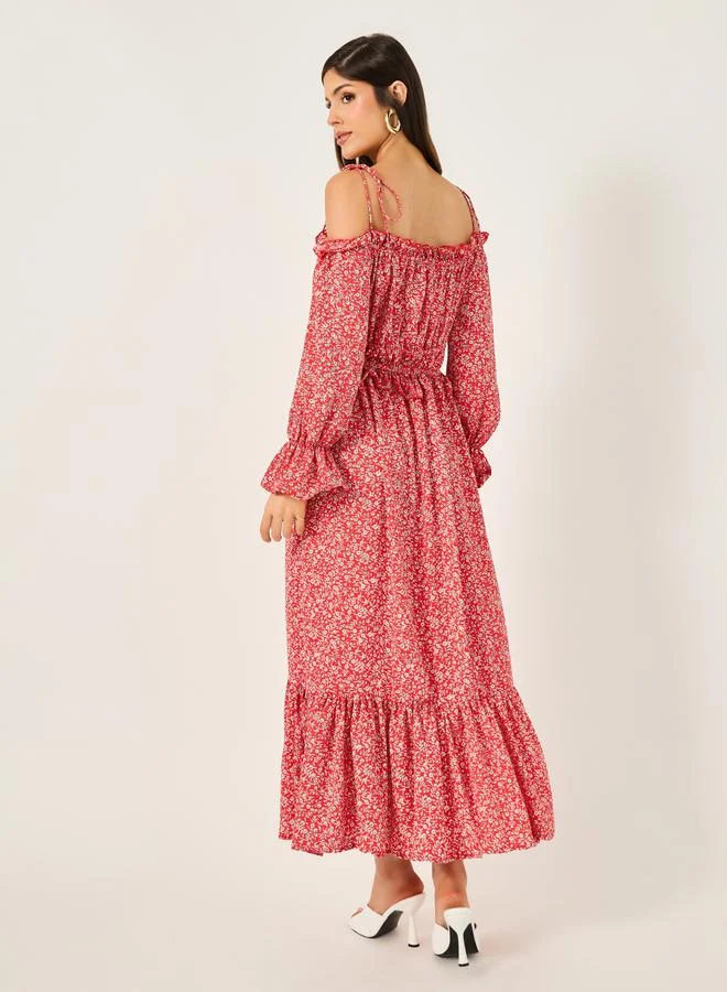 Styli Styli Ditsy Print Off Shoulder A-Line Midi Dress