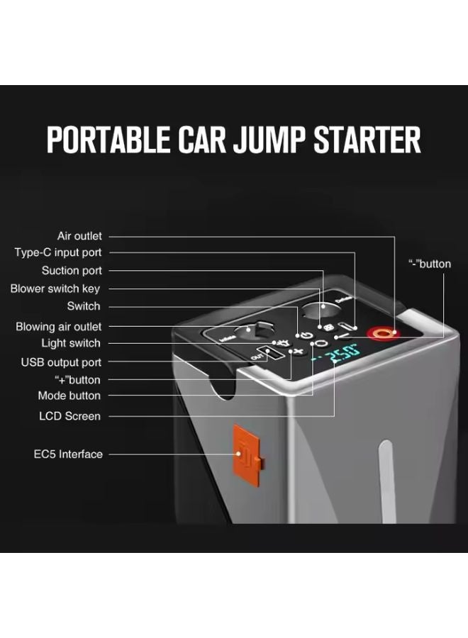 سمارتكس جهاز بدء تشغيل السيارة المحمول، منفاخ هواء كهربائي، ضاغط هواء للسيارة، 1000 أمبير، 14.8 فولت، 150 رطل لكل بوصة مربعة، 12000 مللي أمبير في الساعة، مضخة نفخ، شفط، الكل في واحد، جهاز بدء تشغيل متعدد الوظائف جديد 14.8 فولت، جهاز بدء تشغيل ذكي يعمل بالديزل سعة 3 لتر مع شاشة وضوء طوارئ - Image 5