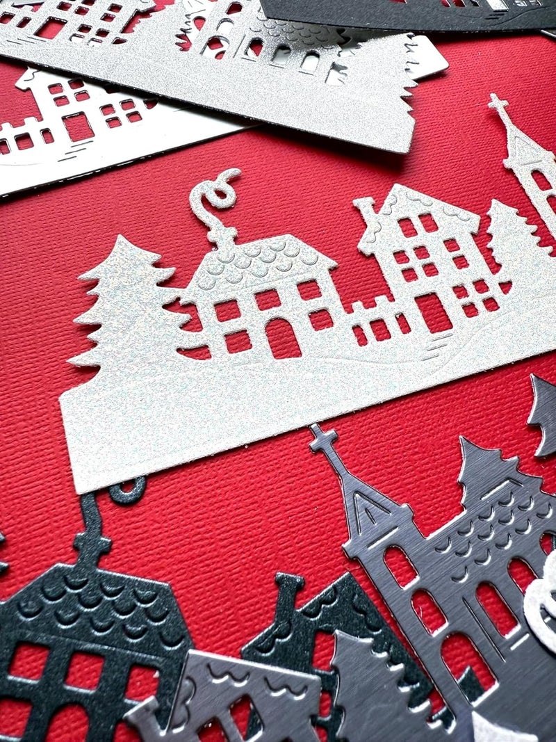 Haoser Set of 9 Christmas Street Scene Die Cuts Silver & Black Cardstock Cutouts for DIY Crafts, Scrapbooking, Card Making, Christmas Decorations & Paper Art Projects (16.5x6.5cm) - Image 1