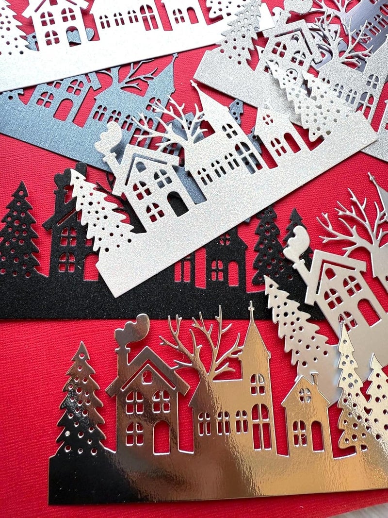 Haoser Set of 9 Christmas Street Scene Die Cuts Silver & Black Cardstock Cutouts for DIY Crafts, Scrapbooking, Card Making, Christmas Decorations & Paper Art Projects (16.5x6.5cm) - Image 3