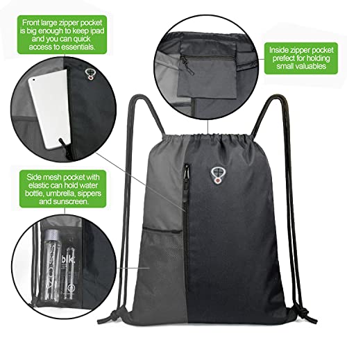BeeGreen BeeGreem Grey Sport Bag Drawstring Backpack String Bag For Men Women Gym Backpack With Water Bottle Mesh Pockets And Two Zipper Pockets 16" x 20" - Image 4