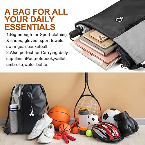 BeeGreen BeeGreem Grey Sport Bag Drawstring Backpack String Bag For Men Women Gym Backpack With Water Bottle Mesh Pockets And Two Zipper Pockets 16" x 20" - Image 3