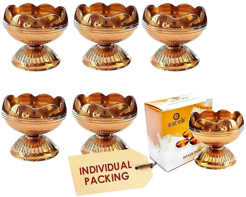 CRAFTSMAN SATVIK 10 Pc Brass Diya for Diwali Decoration. Handmade Oil Lamp with Golden Engraved Made of Virgin Brass Metal. Diwali Diya Vilakku for Puja Pooja. Traditional Indian Deepawali Gift Items - Image 1
