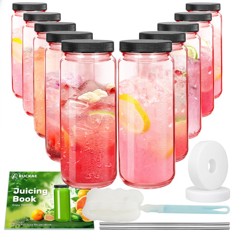 Ruckae Pink 16oz 10 Pack Juice Bottles, Glass Bottles Juicing with Lids, Smoothie Cup Lids and Straws, Water Bottle Mason Jar Drinking Glasses for Juicing, Smoothies, Kombucha - Image 1