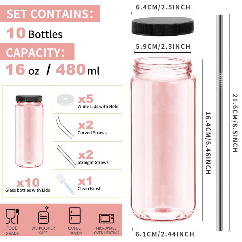 Ruckae Pink 16oz 10 Pack Juice Bottles, Glass Bottles Juicing with Lids, Smoothie Cup Lids and Straws, Water Bottle Mason Jar Drinking Glasses for Juicing, Smoothies, Kombucha - Image 2