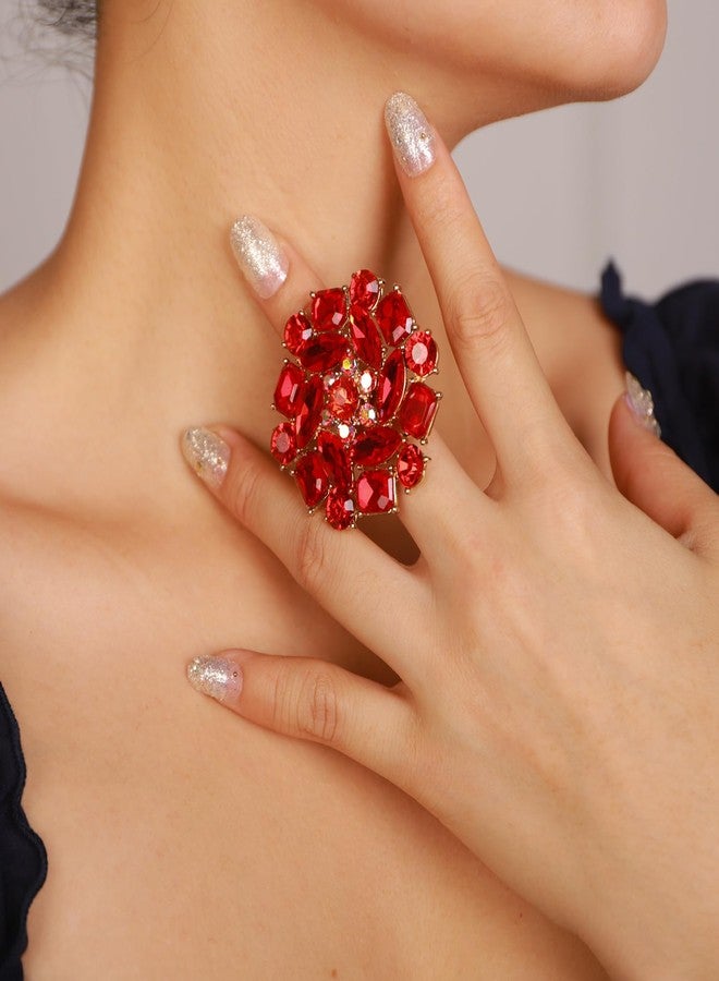 Rumtock Statement Red Rhinestones Beads Sparkle Big Round Finger Ring for Women Wdding Bridal Sparkle Jewelry (Red) - Image 4