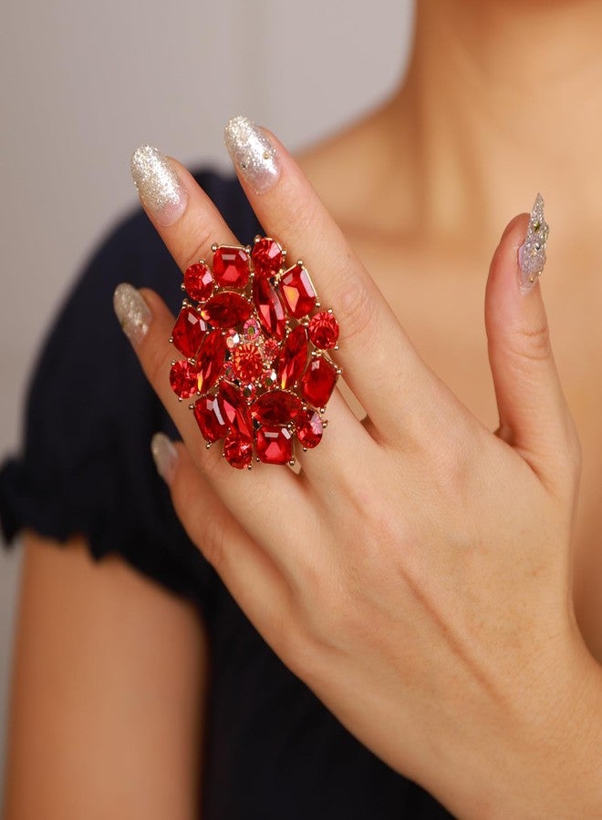 Rumtock Statement Red Rhinestones Beads Sparkle Big Round Finger Ring for Women Wdding Bridal Sparkle Jewelry (Red) - Image 3