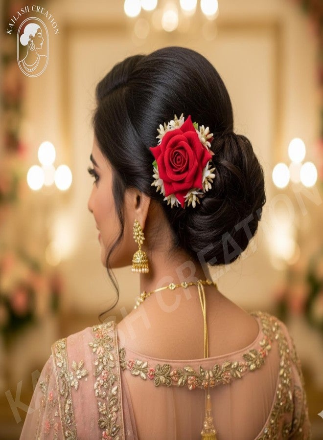 Kailash Creation Red Fabric Rose Flower Hair Clip for Women and Girls stylish | Artificial Gajra Style Hair Accessory | Ethnic & Bridal Bun Clip | Festive & Party_Wear Floral Juda Clip | Gift on birthdays, Rakhi, Karwa Chauth, Diwali, or wedding functions (Pack of 1) - Image 2