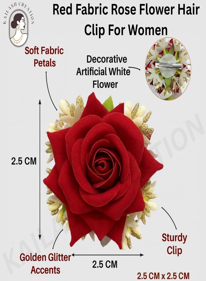 Kailash Creation Red Fabric Rose Flower Hair Clip for Women and Girls stylish | Artificial Gajra Style Hair Accessory | Ethnic & Bridal Bun Clip | Festive & Party_Wear Floral Juda Clip | Gift on birthdays, Rakhi, Karwa Chauth, Diwali, or wedding functions (Pack of 1) - Image 4