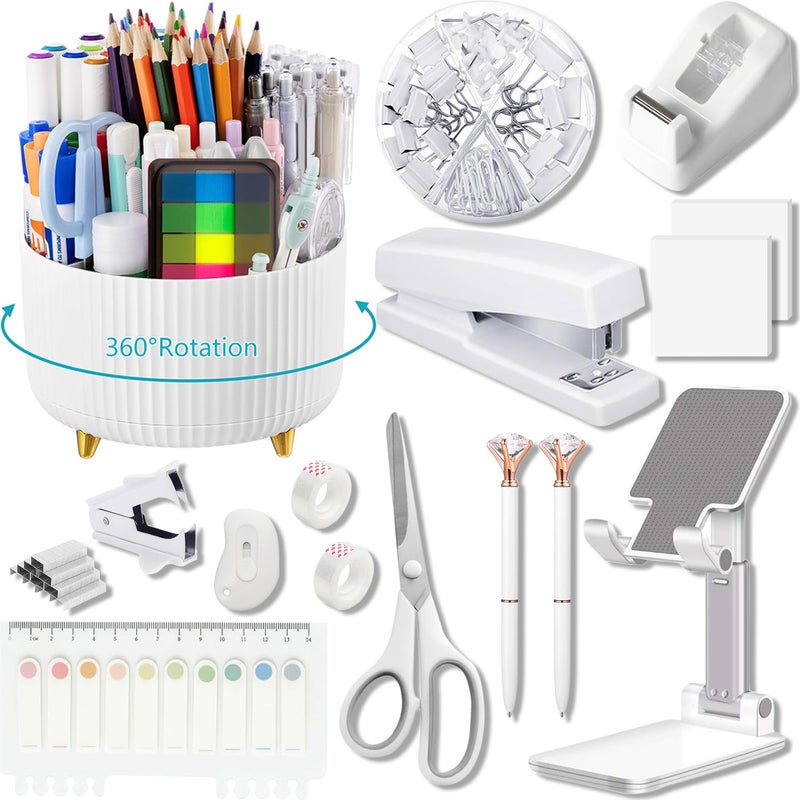 suniya Office Supplies,Desk Accessories,with Stapler,Tape Dispenser,Staple Remover,Scissor,Ballpoint Pen,Sticky Notes,Clear Tape,Staples,Desk Organizer,Phone Stand,Binder,Index Tabs,Best gift set(White) - Image 1