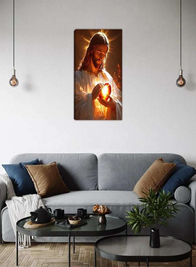 Shrandi Sacred Heart of Jesus Canvas Wall Art Divine Mercy Wall Decor Christian Religious Art Poster Print Jesus Portrait Picture Painting Suitable for Bedroom Living Room Prayer Room Church Decor 12*18 (Stretched Canvas on A Wooden Frame) - Image 2