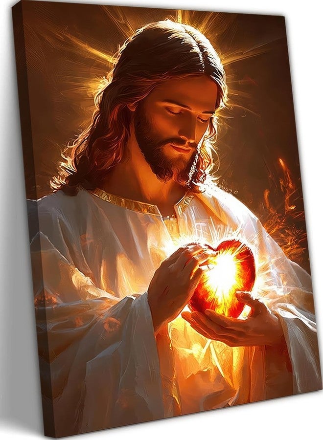 Shrandi Sacred Heart of Jesus Canvas Wall Art Divine Mercy Wall Decor Christian Religious Art Poster Print Jesus Portrait Picture Painting Suitable for Bedroom Living Room Prayer Room Church Decor 12*18 (Stretched Canvas on A Wooden Frame) - Image 1