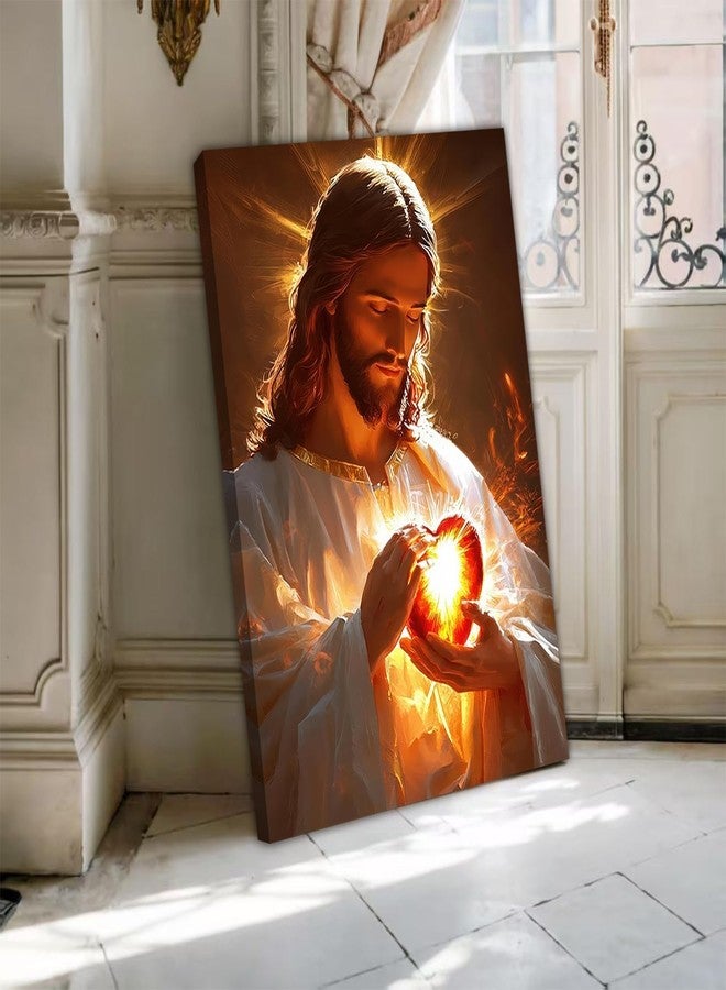 Shrandi Sacred Heart of Jesus Canvas Wall Art Divine Mercy Wall Decor Christian Religious Art Poster Print Jesus Portrait Picture Painting Suitable for Bedroom Living Room Prayer Room Church Decor 12*18 (Stretched Canvas on A Wooden Frame) - Image 4