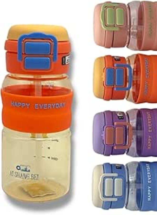 كيوشوب زجاجة مياه متعددة الاستخدامات محمولة بيد واحدة من كيو شوب® (630 مل) بغطاء مزدوج مع ماصة وفتحتين للشرب المباشر، مثالية للاستخدام اليومي (برتقالي)