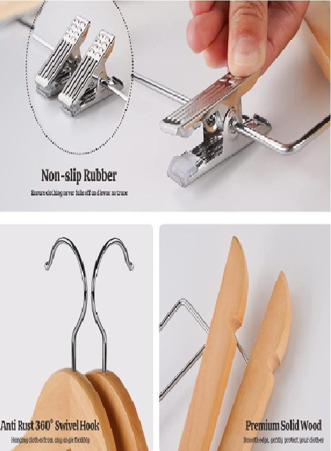 ZOBER 20-Piece 360° Swivel Hook High-Grade Wooden Skirt Hangers With Adjustable Metal Clips Natural Wood/Silver 44.5x25.4x1.27cm - Image 5