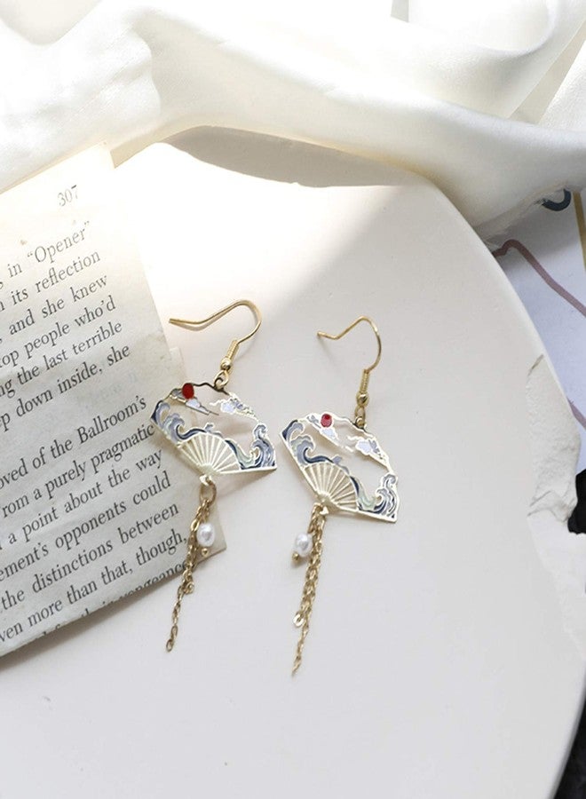 GBAHFY Chinese style Folding Fan Modeling Crane cloud Hanging Dangle National Style Earrings for Women Hollow asymmetric Metal Jewelry (Folding Fan Earring-Gold) - Image 5