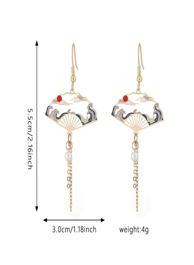 GBAHFY Chinese style Folding Fan Modeling Crane cloud Hanging Dangle National Style Earrings for Women Hollow asymmetric Metal Jewelry (Folding Fan Earring-Gold) - Image 4
