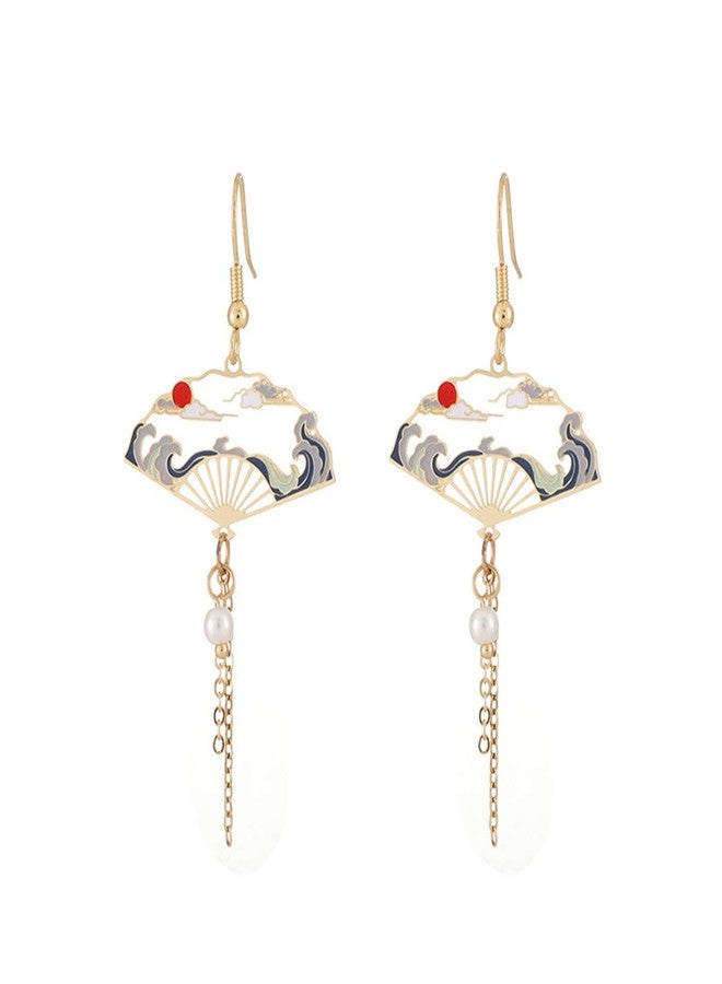 GBAHFY Chinese style Folding Fan Modeling Crane cloud Hanging Dangle National Style Earrings for Women Hollow asymmetric Metal Jewelry (Folding Fan Earring-Gold) - Image 1