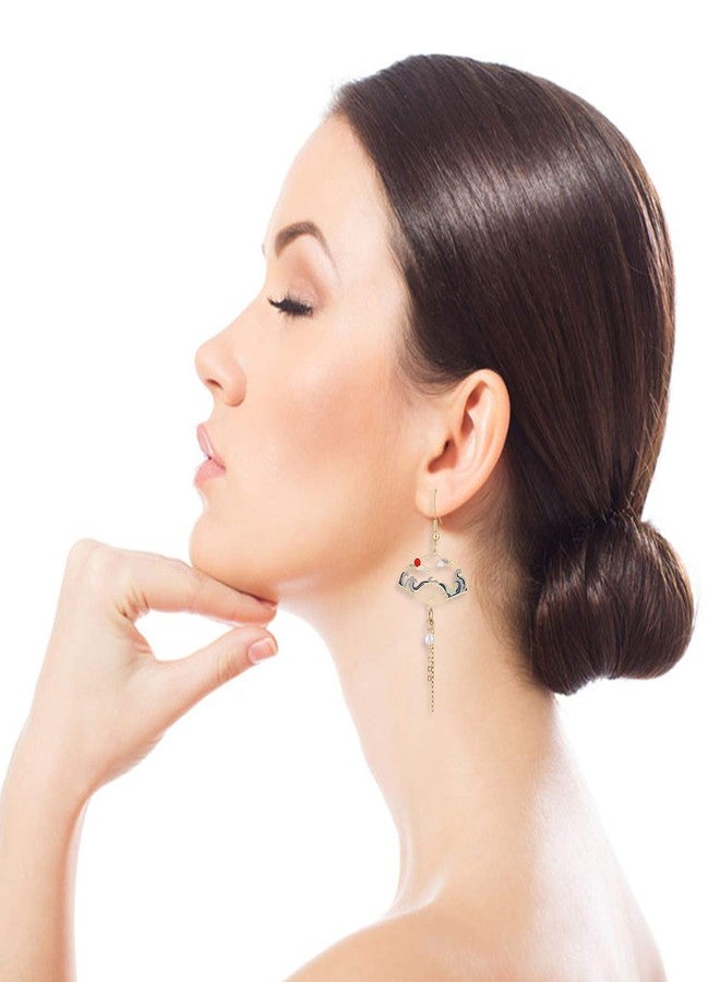 GBAHFY Chinese style Folding Fan Modeling Crane cloud Hanging Dangle National Style Earrings for Women Hollow asymmetric Metal Jewelry (Folding Fan Earring-Gold) - Image 2