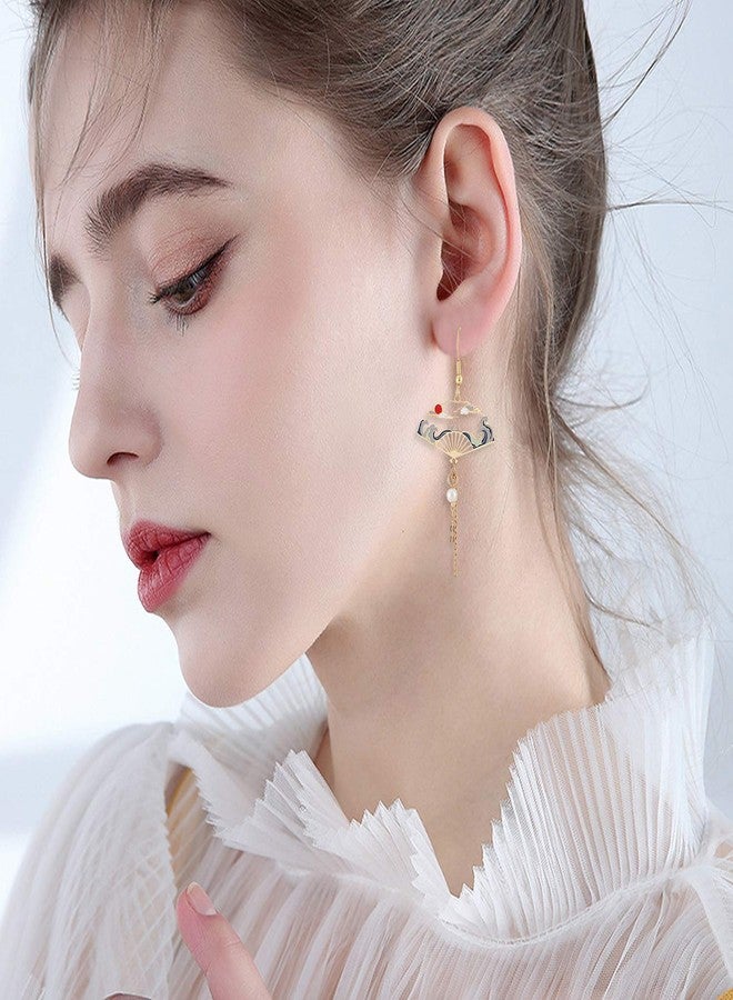 GBAHFY Chinese style Folding Fan Modeling Crane cloud Hanging Dangle National Style Earrings for Women Hollow asymmetric Metal Jewelry (Folding Fan Earring-Gold) - Image 3
