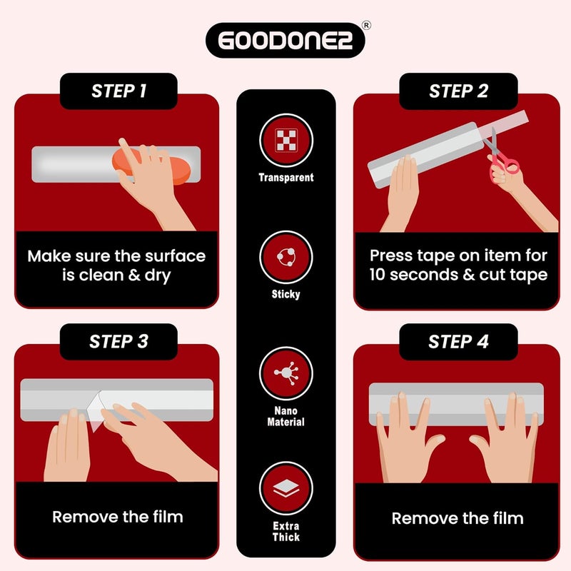 GOODONE2 Double Sided Tape Heavy Duty, Multipurpose Removable Clear & Tough Mounting Tape Sticky Adhesive, Reusable Strong Wall Tape Picture Hanging Strips Poster (Pack of 1 with Scissor) - Image 2