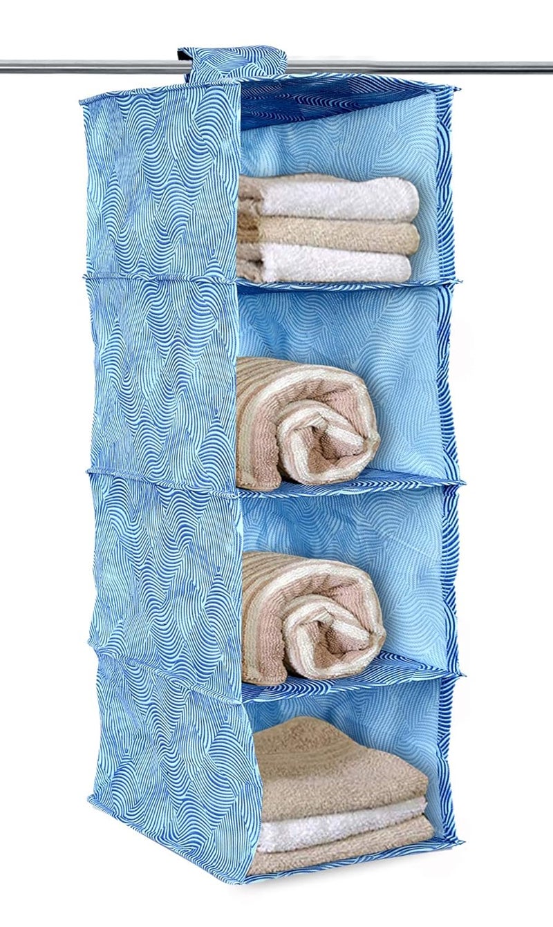 Kuber Industries Laheriya Print Non Woven Hanging 4 Shelves Foldable WardrobeCloset Cloth Organizer BlueKUBMART15342 - Image 1