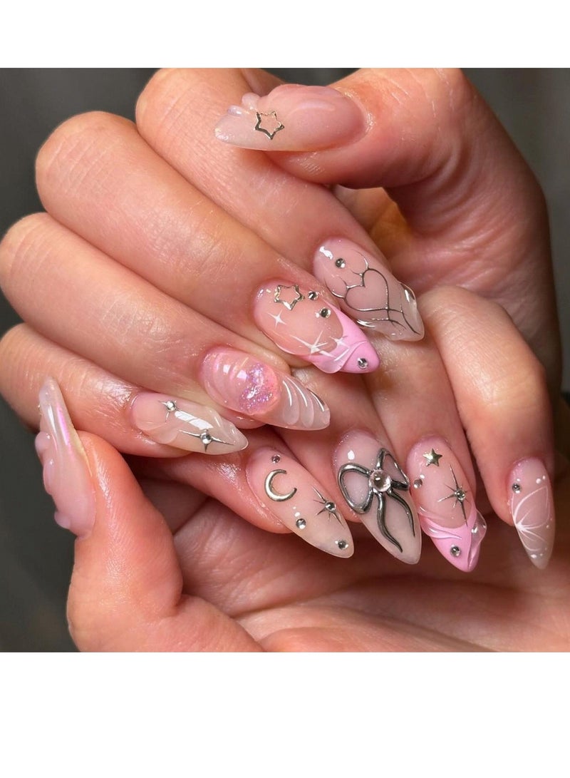 JOSQUEWNN Press On Nails 24pcs, 3D Bow and Heart Design Pink French Fake Nails, Short Almond Shape, Valentine's Day Special Wearable Nail Tips, Perfectly Showcasing Romance and Fashion Style, Fake Acrylic Nails With Glue Kit.  - Image 1