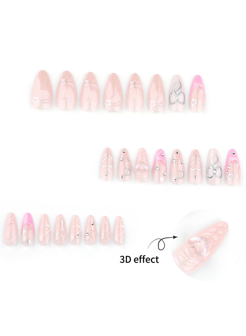 JOSQUEWNN Press On Nails 24pcs, 3D Bow and Heart Design Pink French Fake Nails, Short Almond Shape, Valentine's Day Special Wearable Nail Tips, Perfectly Showcasing Romance and Fashion Style, Fake Acrylic Nails With Glue Kit.  - Image 5