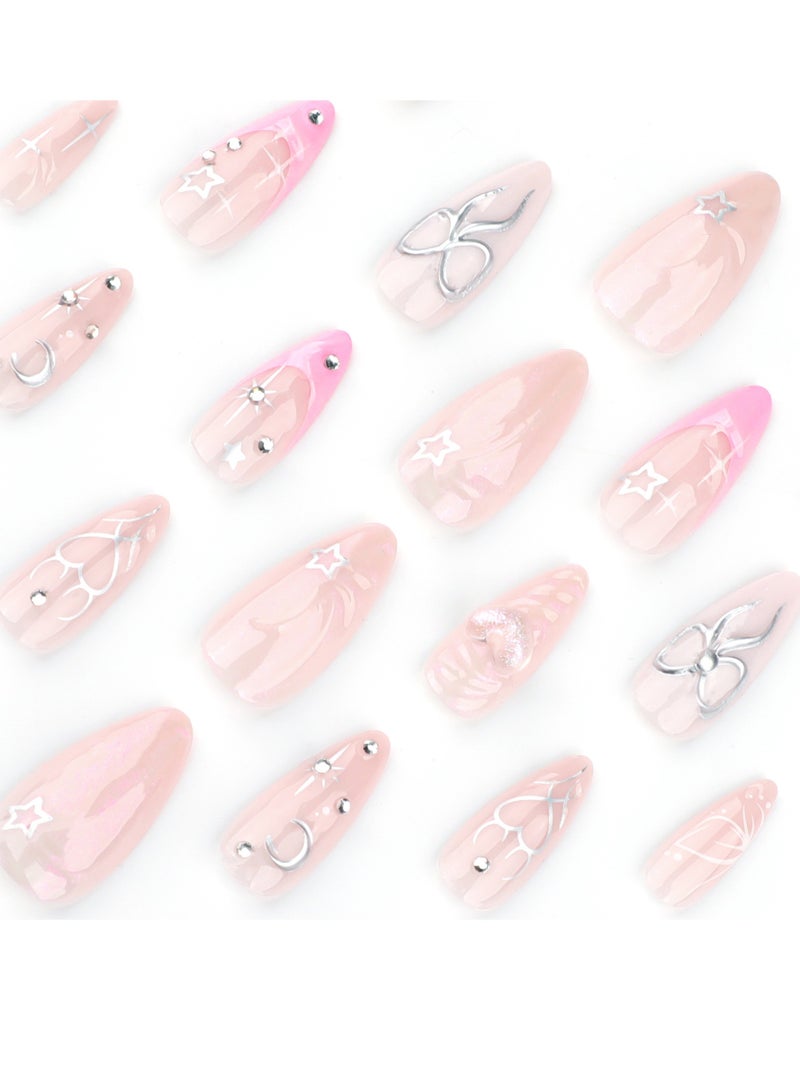 JOSQUEWNN Press On Nails 24pcs, 3D Bow and Heart Design Pink French Fake Nails, Short Almond Shape, Valentine's Day Special Wearable Nail Tips, Perfectly Showcasing Romance and Fashion Style, Fake Acrylic Nails With Glue Kit.  - Image 3