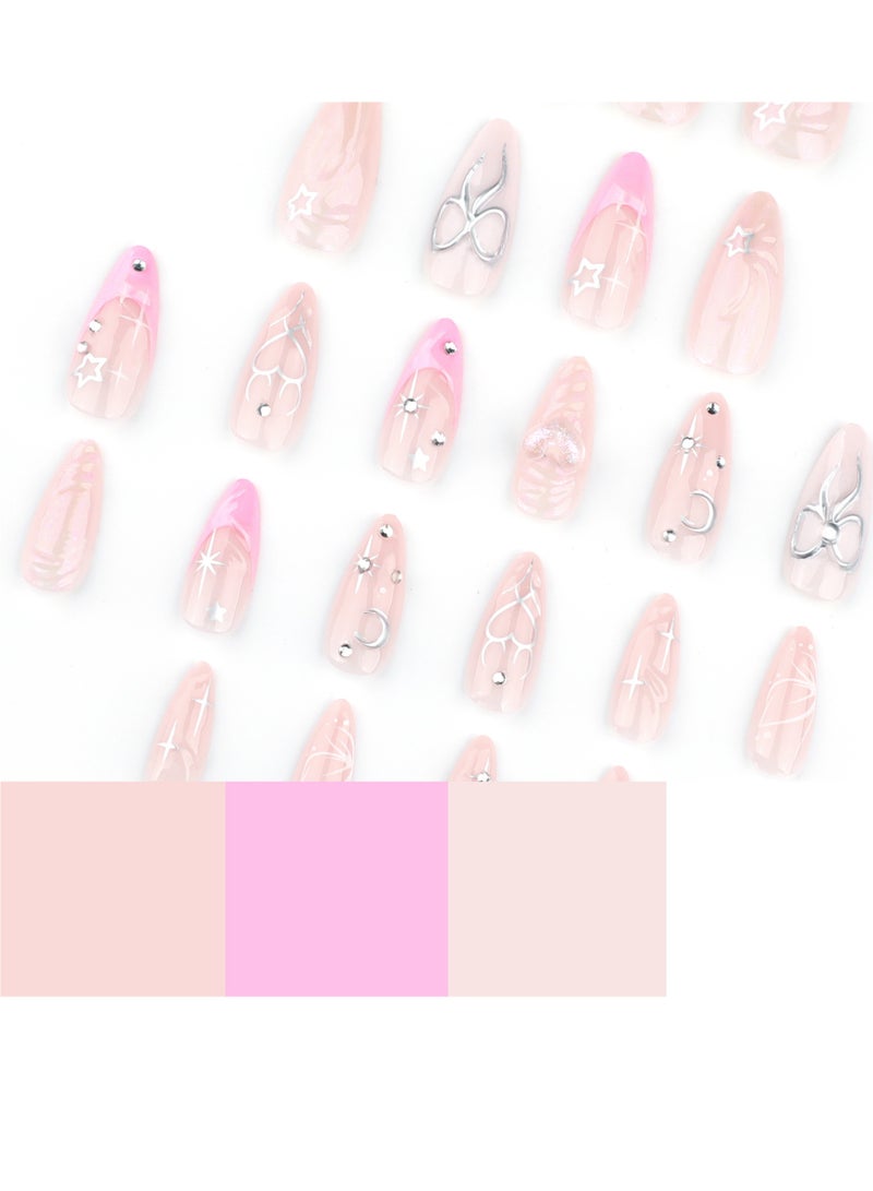 JOSQUEWNN Press On Nails 24pcs, 3D Bow and Heart Design Pink French Fake Nails, Short Almond Shape, Valentine's Day Special Wearable Nail Tips, Perfectly Showcasing Romance and Fashion Style, Fake Acrylic Nails With Glue Kit.  - Image 2