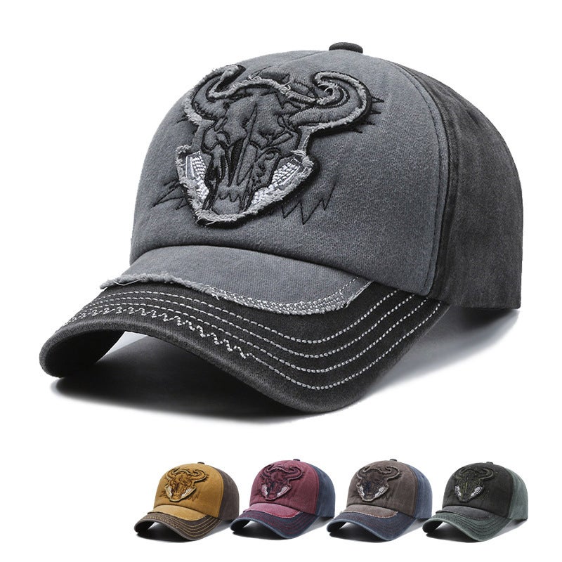 Vintage Washed Bull Head Embroidery Baseball Cap - Image 1
