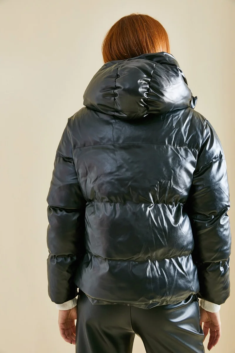 لايث Hooded Leather Inflatable Coat with Pockets