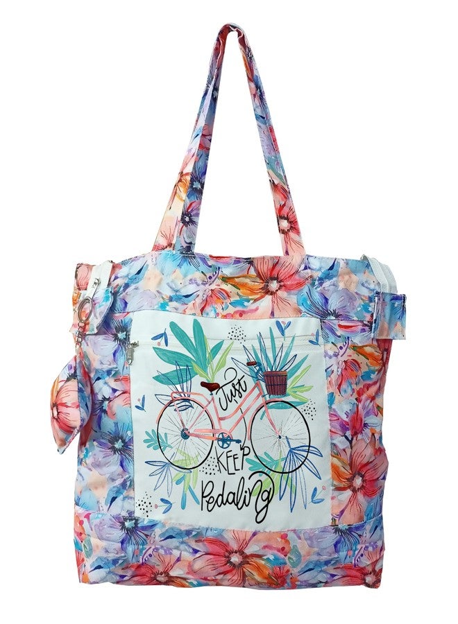 Shipra Tote Bags for Women, Stylish Cotton Handbags, KEEP PEDALING Design Tote Bag With Flower design for College, Hand bag for women stylish (WHITE COLOR SET OF 1) - Image 1