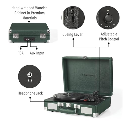 Crosley CR8005F-EM Cruiser Plus Vintage 3-Speed Bluetooth in/Out Suitcase Vinyl Record Player Turntable, Dark Emerald - Image 3