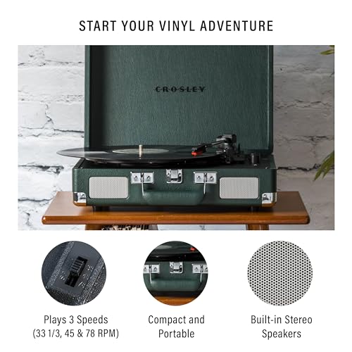 Crosley CR8005F-EM Cruiser Plus Vintage 3-Speed Bluetooth in/Out Suitcase Vinyl Record Player Turntable, Dark Emerald - Image 2