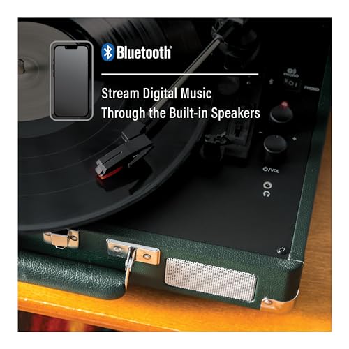 Crosley CR8005F-EM Cruiser Plus Vintage 3-Speed Bluetooth in/Out Suitcase Vinyl Record Player Turntable, Dark Emerald - Image 4