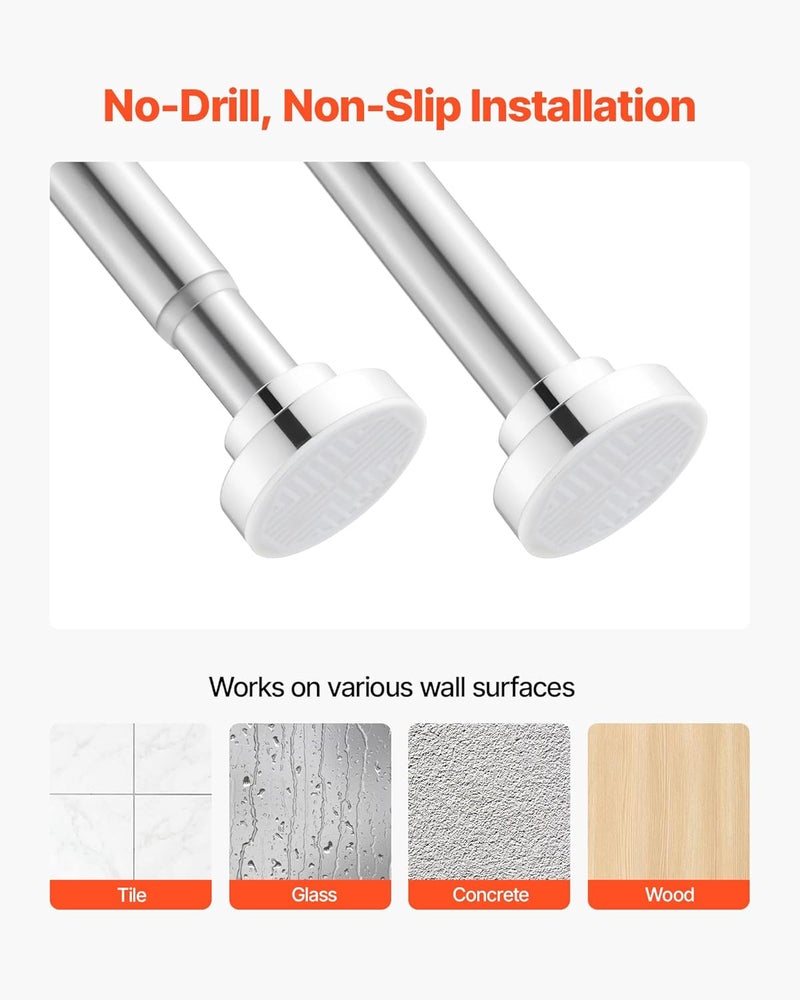 VEVOR Shower Curtain Rod, 28-76 Inches, 1 Inch Diameter Adjustable Spring Tension Stainless Steel Telescoping Rod with Holders, No Drilling Non-Slip for Bathroom, Closet, Window, Room Divider, Silver - Image 2
